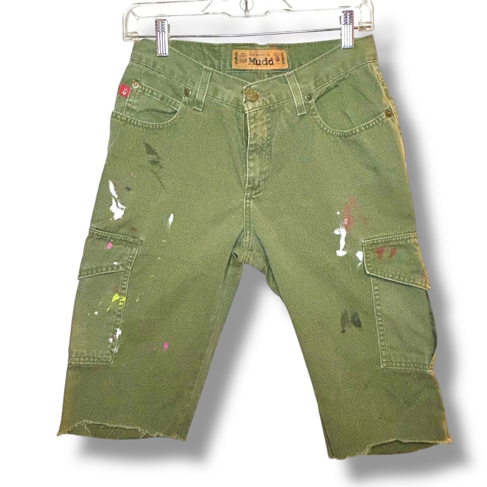 100% Cotton Upcycled Artist Cut Off Cargo Shorts Olive Green Mid Rise Long Short
